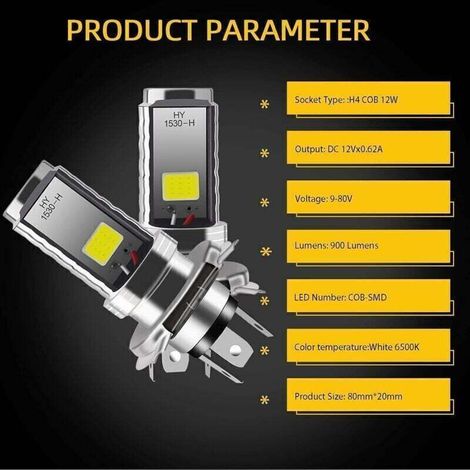 2er-Pack H4 12V LED-Lampen für Motorrad und Auto – 12W COB-Technologie – Fern-/Abblendlicht – Kompatibel mit Fern- und Abblendlicht (1/5)
