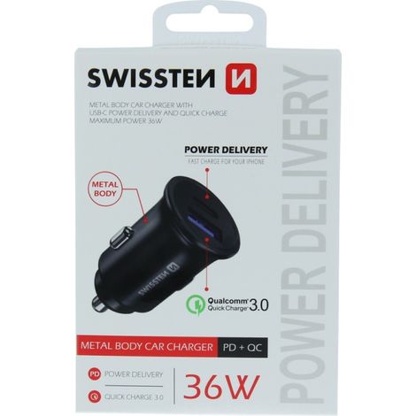 SWISSTEN Car Power Delivery USB-C + Quick Charge 3.0 36W Metall Schwarz
