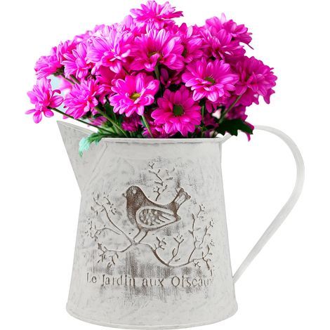 Pot De Fleurs - Vase Métal Vintage 13 cm - Décoration Rustique Style Bidon À Lait Avec Anse Et Motif Oiseau - Pour Intérieur Maison Bureau Jardin - Unité