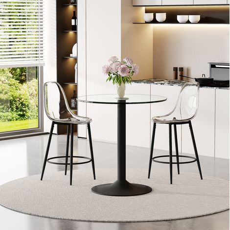 Ensemble bar 1 table ronde 89 cm en verre et 2 tabourets transparents, noir (1/5)