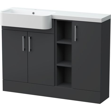 Wichnor Floor Standing Compact 3 Door Combination Vanity Basin Unit with Open Shelves and Basin, 1100mm, Left Hand, Dark Grey