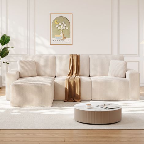 NECHE Modulares Ecksofa – Beige Cord,3-Sitzer-Kombisofa + Chaiselongue,Frei kombinierbar,254 x 160 x 87 cm
