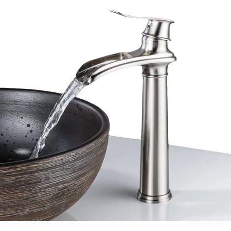 Hoher Wasserfall-Badezimmer-Wasserhahn, Retro-Waschtischmischer aus gebürstetem Matt, Messing-Waschtisch-Wasserhahn, antiker Einhebel-Badezimmer-Wasserhahn für Bad-Wasserhahn (1/4)