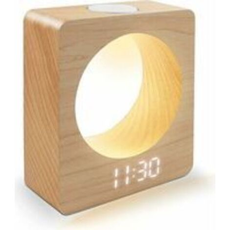 Réveil numérique à LED en bois massif (hêtre) avec veilleuse, 3 réglages d'alarme, détection de température (1/5)