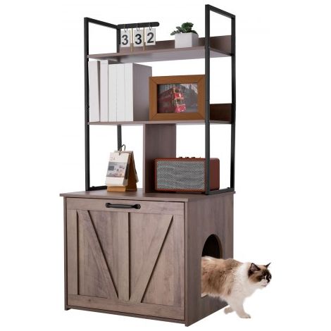 Katzenschrank mit Regalen 600x500x1272 mm, Katzenklo-Schrank mit Ablagefächern, Tür & Haken, Katzenmöbel, Beistelltisch, Katzenhaus aus Holz, Passend für meisten Katzentoiletten (1/5)