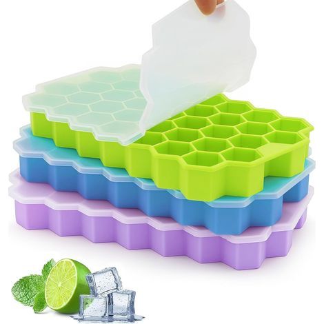Set di 3 vaschette per cubetti di ghiaccio in silicone con coperchio, 37 scomparti, facili da rimuovere, riutilizzabili, per 111 cubetti di ghiaccio piccoli. (1/5)