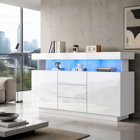 Credenza moderna 140x35x80 cm, con illuminazione LED, 3 cassetti, 2 ante, pannello truciolare e acrilico bianco (1/5)