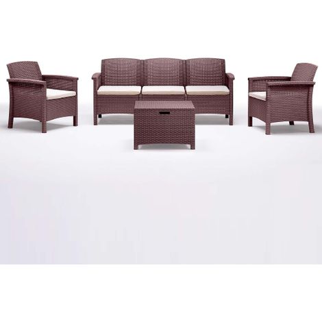 Salon de jardin Venezia III canape' trois places fauteuils et table basse en polypropyle'ne effet rotin marron avec coussins