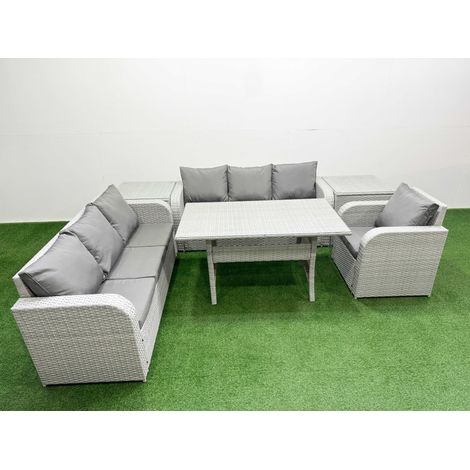 Fimous 7 Seater Poly Rattan Outdoor Garden Furniture Rectangular Dining Table Sofa Set Patio 3 Seater Sofa Reclining Chair 3 Seater Sofa 2 Side Table Light Grey (1/4)