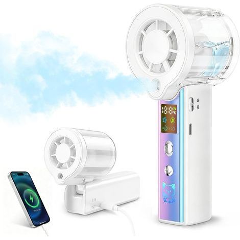 Ventilateur Portable Brumisateur– Écran LED, 3000mAh–Avec Fonction Power Bank Lampe de Poche–Pour Voyage, Bureau, Extérieur (Blanc) (1/5)