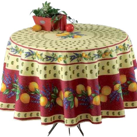 Nappe Provençale Ronde Anti-Tâche 100% Polyester - Citron - rouge (1/3)