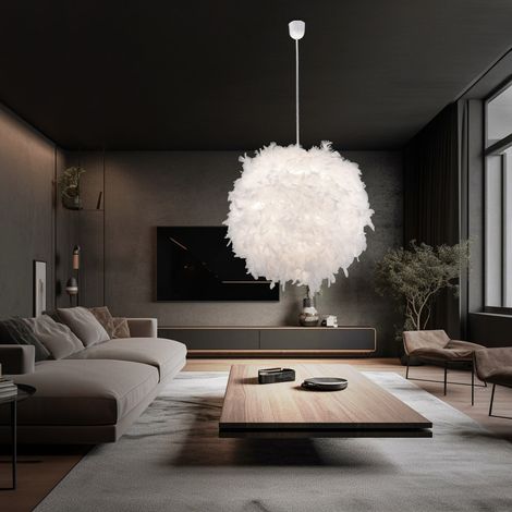 LED Pendelleuchte Hängelampe Leuchte Pendellampe Federlampe Schlafzimmerlampe Wohnzimmer, Textil weiß Federn, 1x E27 LED warmweiß, DxH 60x130 cm