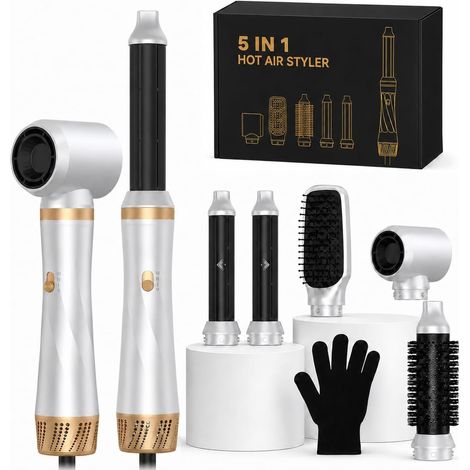 Kit de coiffeur 5 en 1 - 1000 W - Brosse ronde - Brosse à air chaud multifonction avec fer à friser automatique - Lissage négatif (1/5)