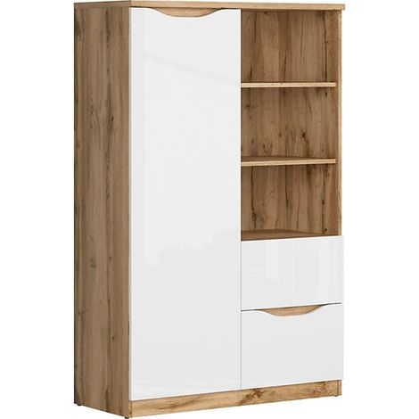 Bibliothèque avec 1 porte, 2 tiroirs et 3 étagères,coloris Chêne wotan/Blanc brillant - Longueur 90 x Profondeur 39,5 x Hauteur 147,5 cm (1/3)