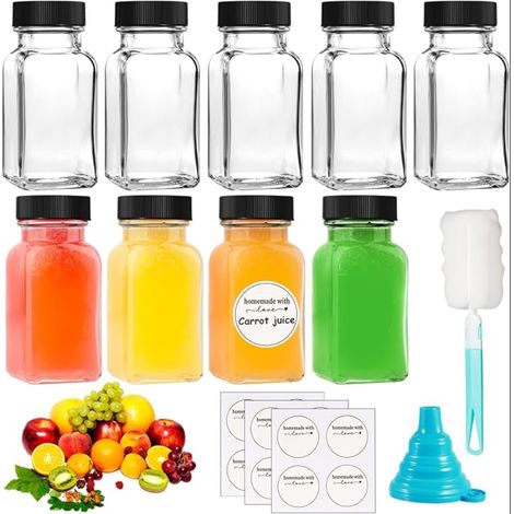 Square Small Juice Shot Bottle, Mini Glass Bottle, with Label, Brush, Funnel, for Fruit Juice, Ginger (1/5)