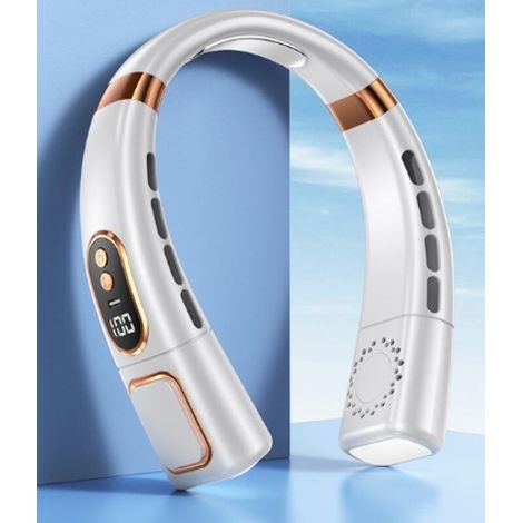 Mini ventilador portátil USB silencioso sin aspas con pantalla digital LED, iluminación colorida y 5 velocidades de viento (blanco). (1/5)