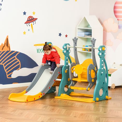 Toboggan et balançoire pour enfants 4 en 1 avec panier de basket, siège réglable, bleu et jaune, 152x149x107cm