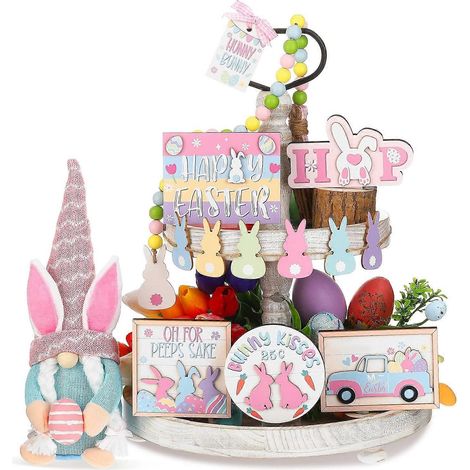 Décorations de Pâques pour plateau à étages (14 pièces) : 1 gnome de Pâques, 1 lapin en peluche, 1 centre de table en bois 3D, 1 panneau décoratif et 1 drapeau en bois à motif de Pâques. Joyeux Pâques (1/5)