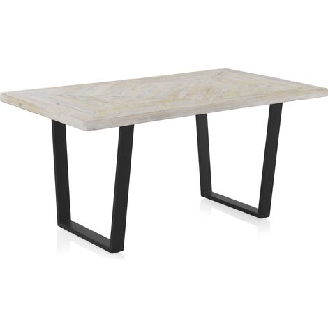 Table de salle à manger 160 x 90 cm en bois de manguier blanc patiné, pieds en métal (1/5)