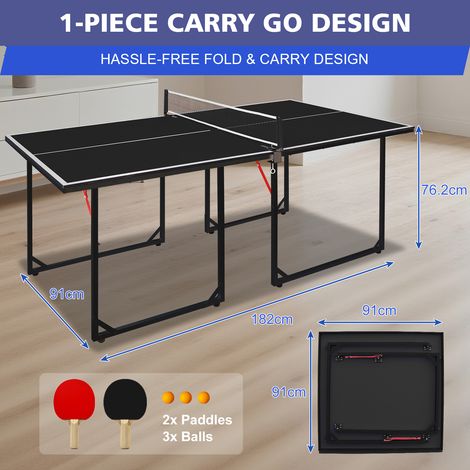 Table de tennis 182 cm pliable et portable, set ping-pong intérieur/extérieur avec filet, 2 raquettes et 3 balles, pieds noirs, table noire (1/5)