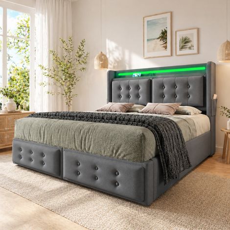 Lit coffre 140x190 avec rangement gaz - led télécommande - prises usbtype-c - tête boutonnée - gris (1/5)