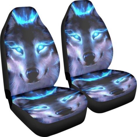 Lot de 2 housses de siège de voiture motif loup bleu néon, pour femme et homme, accessoire de décoration d'intérieur avec imprimé loup universel pour siège avant de véhicule, Taille unique (1/5)