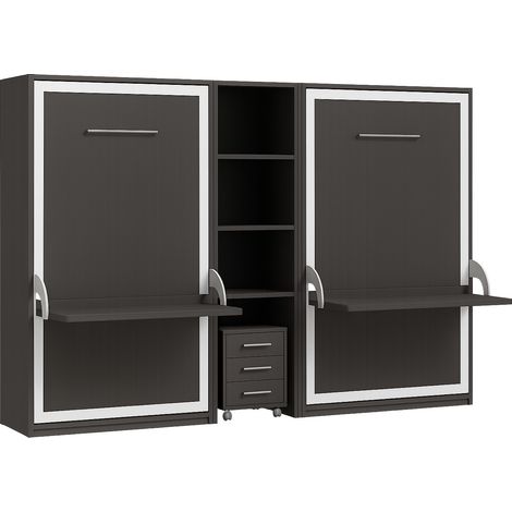 2 lits escamotables 90x190 avec bureau et étagère centrale Studante-Façade Gris anthracite (1/5)