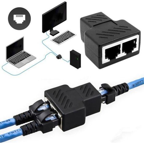 Adaptateur de répartiteur RJ45, Câble Ethernet RJ45 CAT5 6 Port LAN 1 à 2 façons femelle Splitter adaptateur connecteur Noir (1/4)