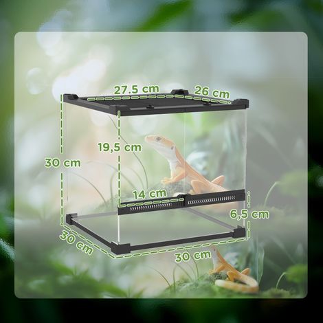 Terrarium en verre pour reptiles, base surélevée et étanche, verrouillage par bouton-poussoir (1/5)