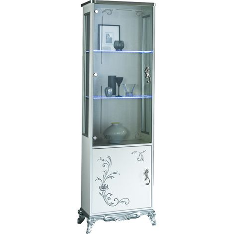 Bahut haut à LED 1 porte bois laqué blanc et argent Dannie (1/2)