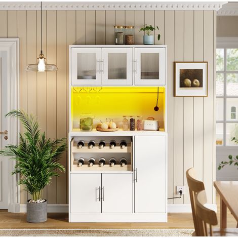 Küchenschrank MDF Weiß 100 x 40 x 180 cm mit RGB-LED, Steckdosenleiste, Weinregal, Weinglashalter und Glasfront (1/5)