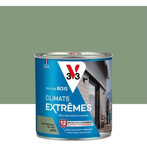 V33 – Peinture bois satin vert provence 0,5 L – Climats extrêmes – Résine polysiloxane pour protection étanche – Garantie 12 ans RAL 6021 (1/6)