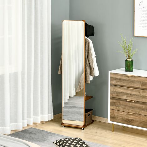 Miroir sur Pied avec roulettes - Portant, 4 patères étagère MDF Aspect Noyer (1/5)