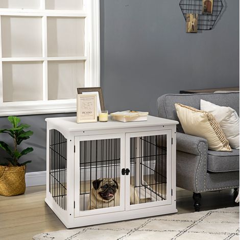 Cage pour chien d’intérieur 81 x 58,5 x 66 cm en MDF blanc, double porte, gain de place – MEUBLIV (1/5)
