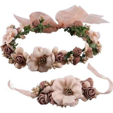 Guirlande de fleurs ajustable pour bandeau de mariage avec bracelet floral et couronne de cheveux (café clair) (1/5)