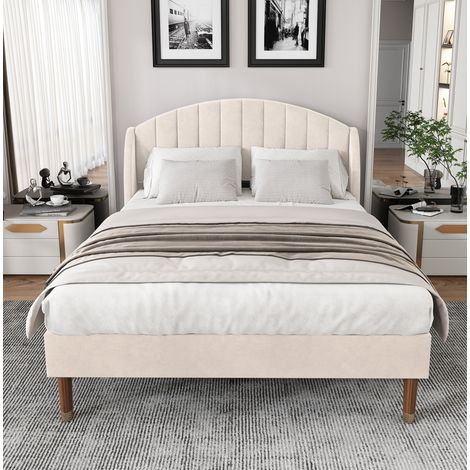 MEUBLIV Lit rembourré beige 140 x 190 cm en velours avec sommier à lattes en bois et tête de lit rembourrée (1/5)