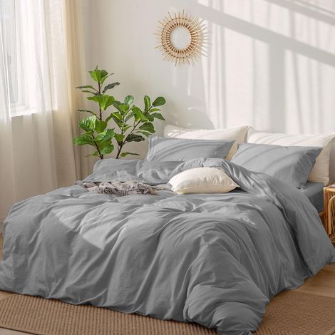 Parure de lit 155 x 220 cm en coton uni avec housse de couette 155 x 220 cm et 2 taies d'oreiller de 80 x 80 cm - Gris clair anthracite - Douce, simple et douce - En coton - Avec fermeture (1/5)