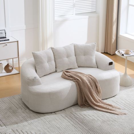 Canapé 2 places arrondi beige chenille – Canapé droit avec coussins profonds style nuage, 3 coussins décoratifs inclus