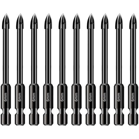 Lot de 10 forets de 6 mm pour carrelage et verre, Tige hexagonale 1/4 en carbure de tungstène, Outil de perçage pour porcelaine, céramique, miroirs, béton, mur de brique, verre (1/4)