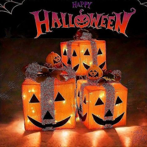 Décorations d'Halloween en forme de citrouille : boîtes cadeaux lumineuses, fonctionnant à piles, pour l'intérieur, l'extérieur, la chambre, etc. (1/5)