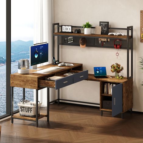 Bureau d’angle 140x140x135 cm noir et bois en MDF et métal avec rangements (1/5)