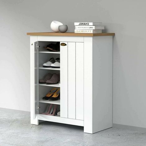 Dmora - Schuhregal Tonio, platzsparendes Schuhregal mit 2 Türen, multifunktionale Eingangsgarderobe, 84x42h100 cm, Weiß und Eiche (1/5)