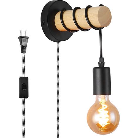 LED  Applique Murale Ronde en Bois Naturel avec Douille E26 Blanc Cordon Suspendu Vintage Nordique pour Couloir Chambre Salon [Classe énergétique A]