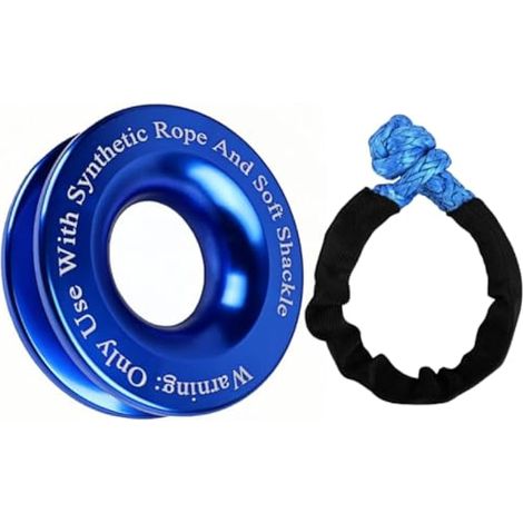 Anneau de récupération universel en alliage d'aluminium pour treuil + manilles et corde synthétique pour VTT, UTV, VUS, camion, véhicule tout-terrain (bleu) (1/5)