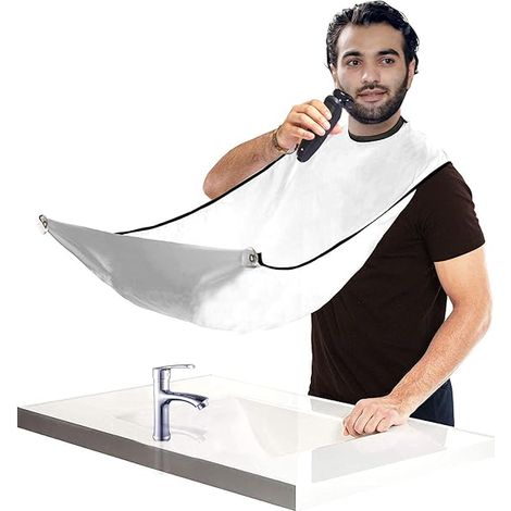 Mantellina da barba da uomo, grembiule per la cura della barba, con 2 ventose in silicone adesive, ideale per la rasatura, regalo perfetto per uomo (bianco)