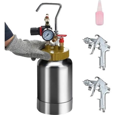 Depósito de pintura presurizado, capacidad de 2 L, presión máxima de 45 psi, color plata. (1/2)