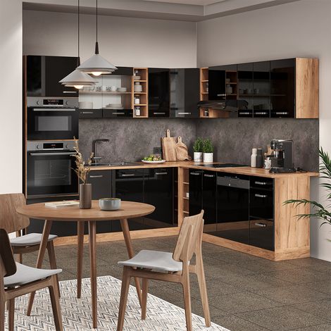Cocina esquinera R-Line, Roble negro/dorado de alto brillo, 237 x 60 cm sin encimera, Vicco