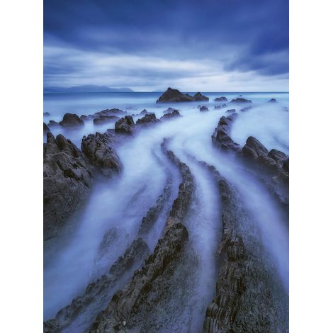 Papier peint panoramique paysage maritime | Tapisserie panoramique mer aspect rochers | Papier peint panoramique bleu et noir effet brouillard - 192 X 260 cm (4 pièces) (1/2)