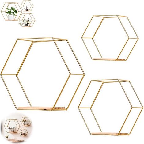 Ensemble de 3 étagères murales hexagonales : étagère murale en métal doré avec panneau en bois, étagère murale dorée, étagère murale industrielle en métal doré, décoration murale moderne dorée pour ch (1/5)