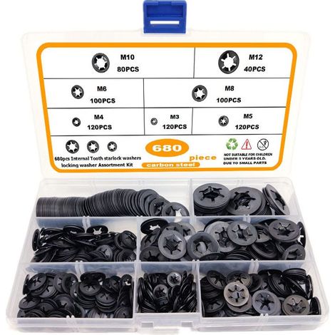 Rondelles de Blocage Universel Rondelle de Verrouillage M3 M4 M5 M6 M8 M10 M12 Rapide Pousser Fixations Assortment Kit avec Boîte Noir 680 Pièces (1/5)